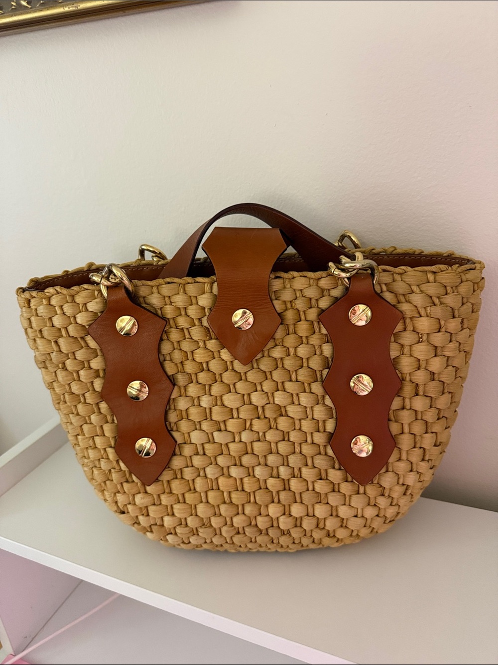 Michael Kors Tan Woven Straw Tote with Brown Leather & Gold Hardware - Picture 3 of 12